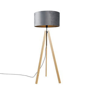 Moderná stojanová lampa z dreveného textilného tienidla sivá 50 cm statív - Telu